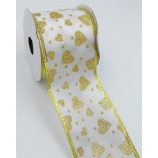 2.5 Inch Wired Valentine's Day Ribbon, Gold Metallic Hearts on White Satin 2 ½ x 25 yds., (Lot of 1 Spool) SALE ITEM